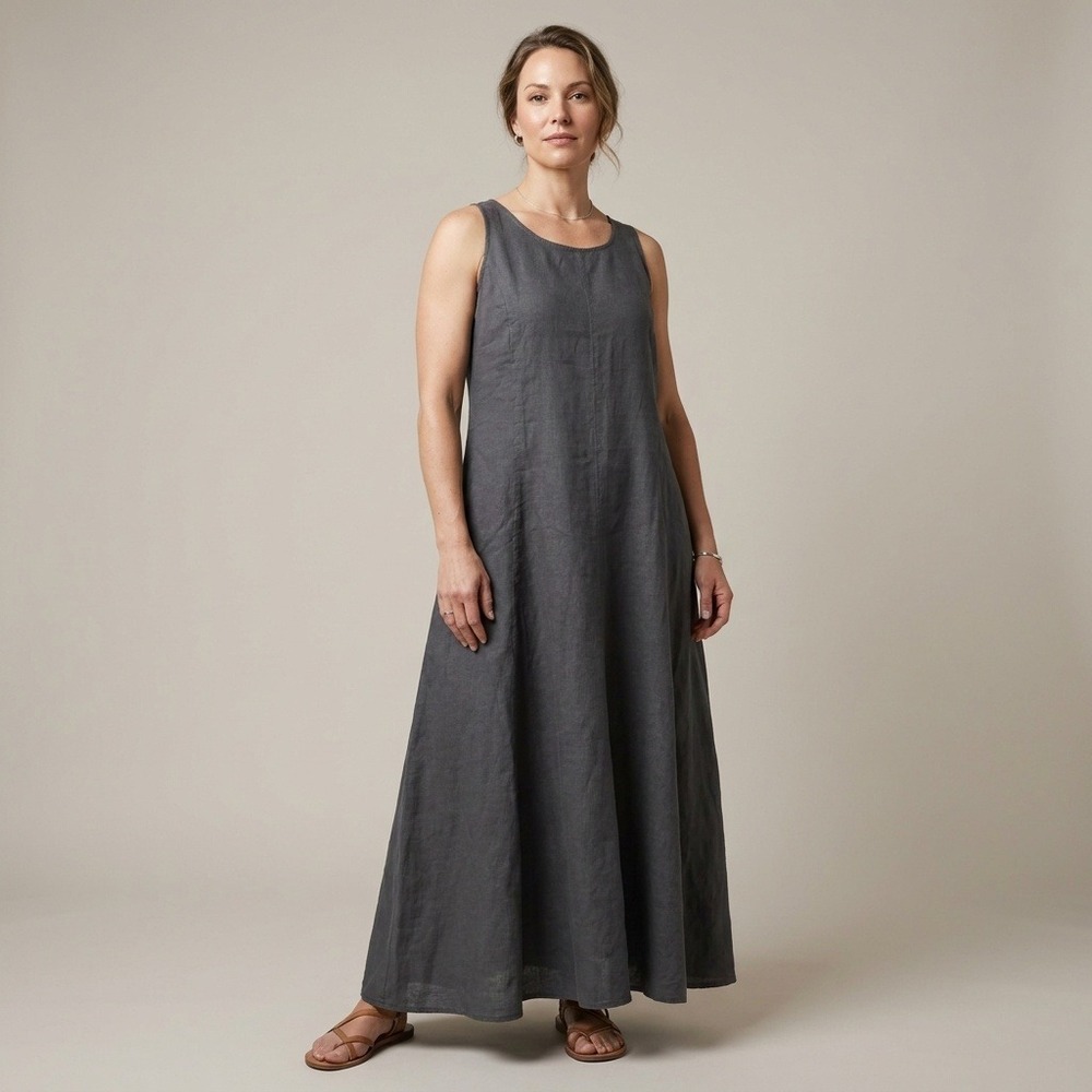 Filosofia Womens Charcoal Gray 100% Linen Sleeveless Maxi Dress Sz L Made in USA